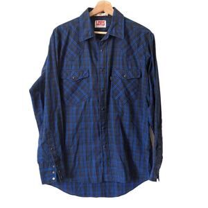 Vintage Levi's Mens Shirt Classic Western Plaid Blue Pearl Snap 80s Cowboy Large